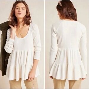 Maeve Anthropologie Samina Babydoll Tunic Small Ivory Waffle Knit Thermal Ruffle